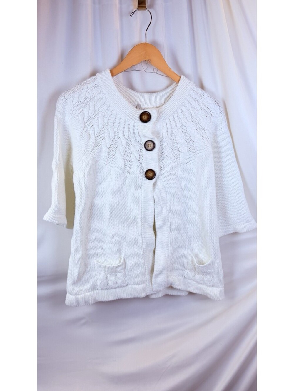 Leo & Nicole Women’s Cream Cable Knit Cardigan Sweater 3 Oversized Buttons L